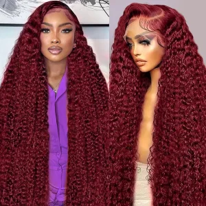 99J Burgundy Deep Wave Lace Front Wig 13x6 HD Frontal Wig 220 Density Human Hair Wig For Women